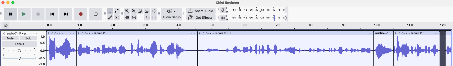 Screenshot of Audacity showing different audio segmented stitched together.