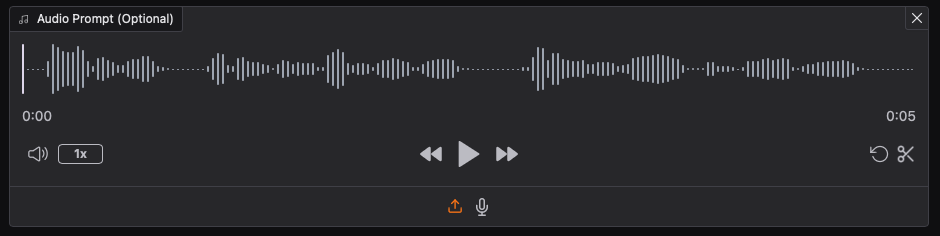 Screenshot of Dia's "Audio Prompt (Optional)" field, with an 5-second audio uploaded, a waveform of the audio, and controllers such as volume, playback speed, play, pause, rewind, fast forward, refresh and cut. The field offers the option to upload or record an audio.