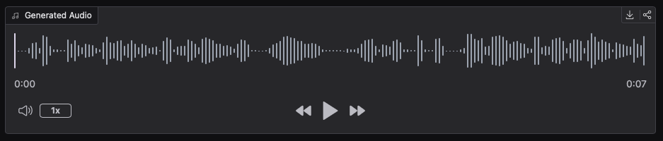 Screenshot of Dia's "Generated Audio" field showing a 7-second waveform preview. Playback controls (rewind, play/pause, fast forward) and speed adjustment (set to 1x) appear below the waveform. A download and share icon is located in the top-right corner.