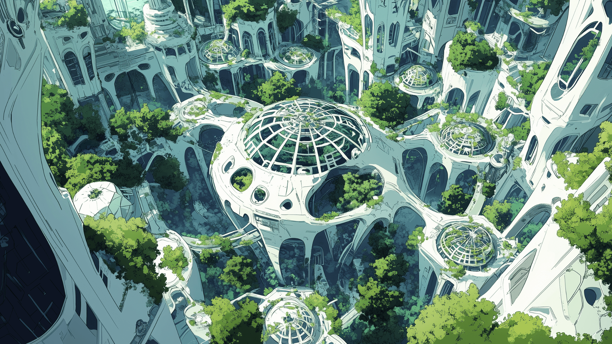 An illustration of an aerial shot view of a city with organic white habitats and overgrown plants.