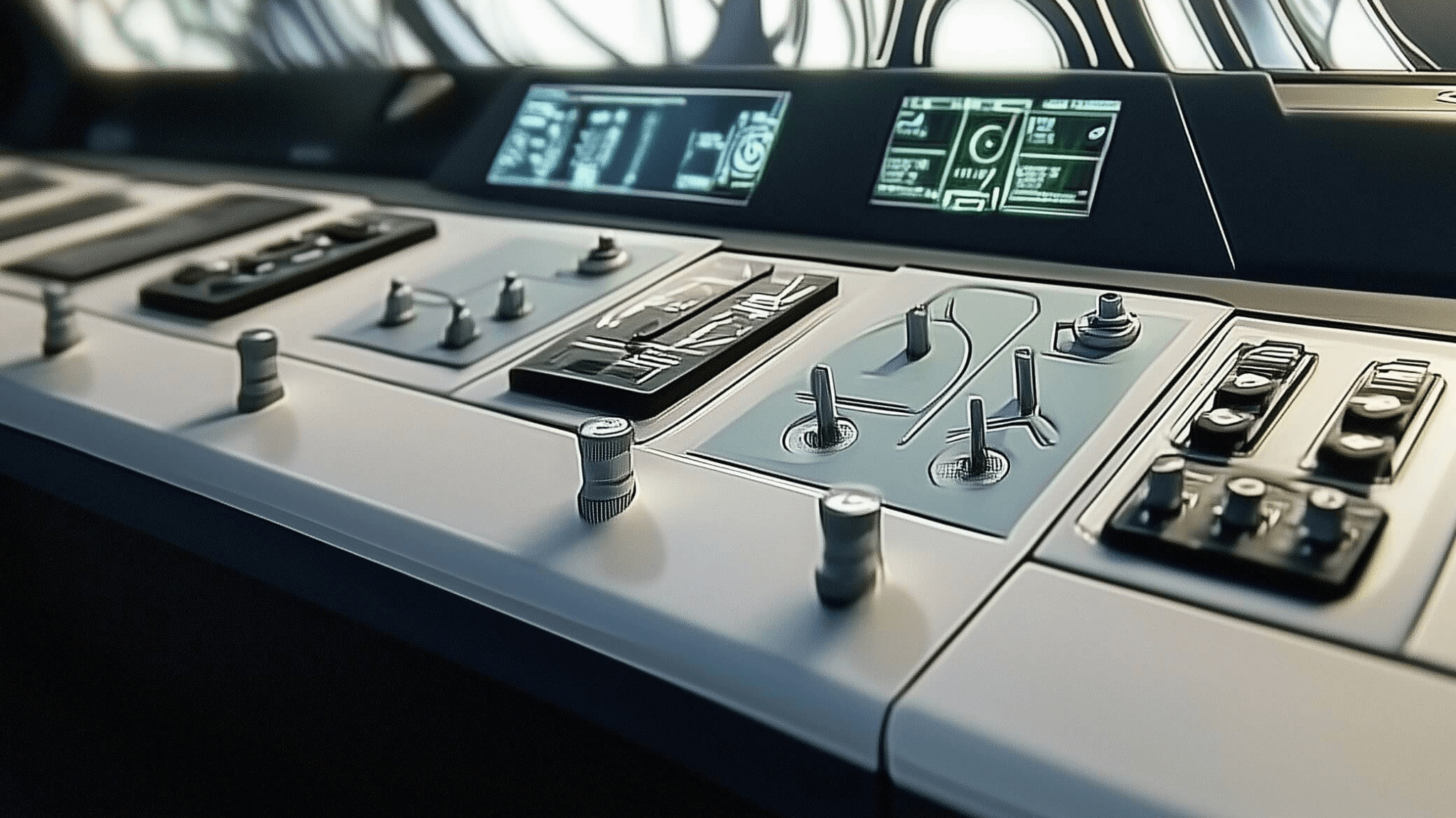 An illustration of a computer interface with buttons, sliders, knobs and screens.