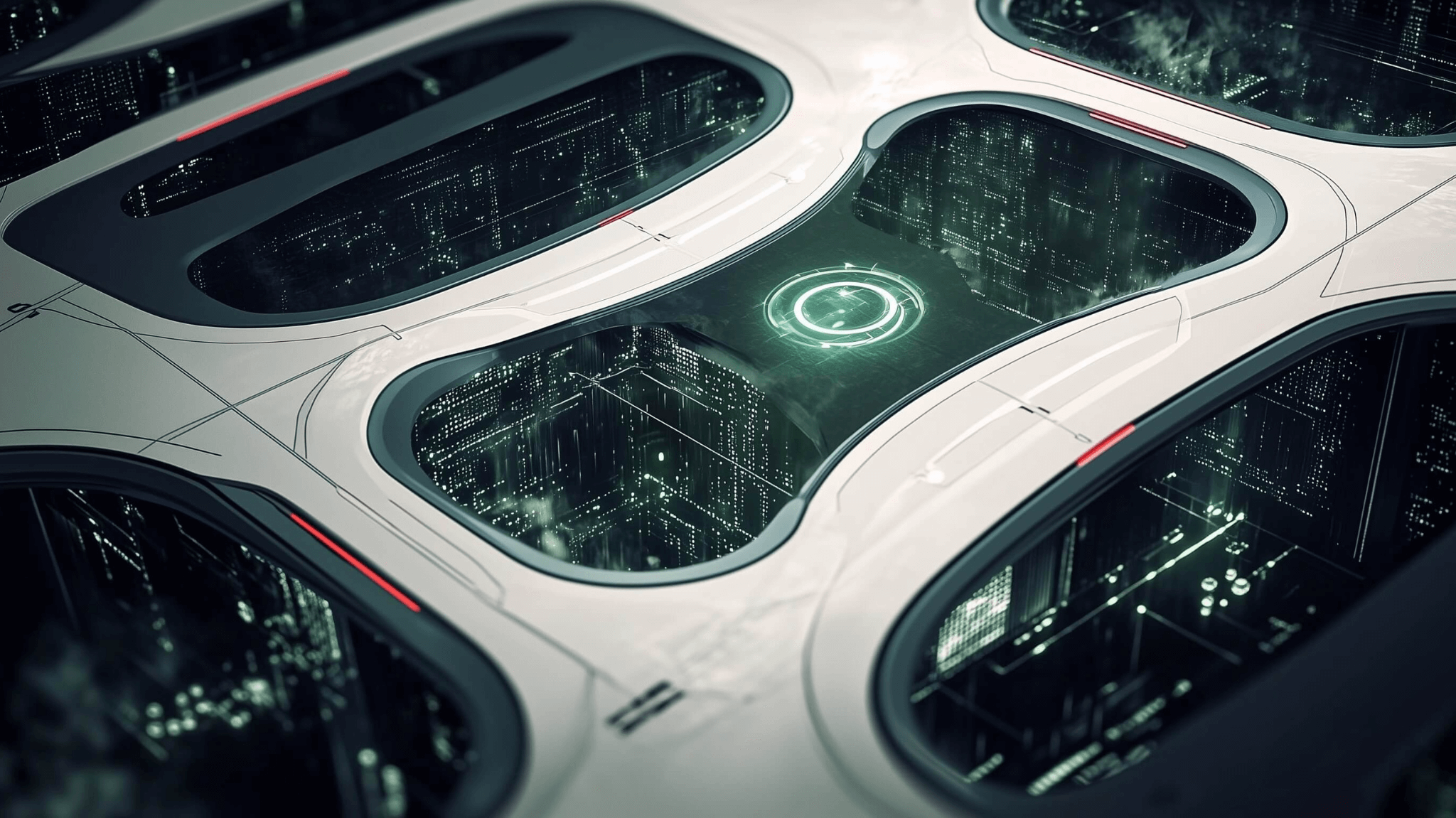 An illustration of a futuristic and holographic computer interface.