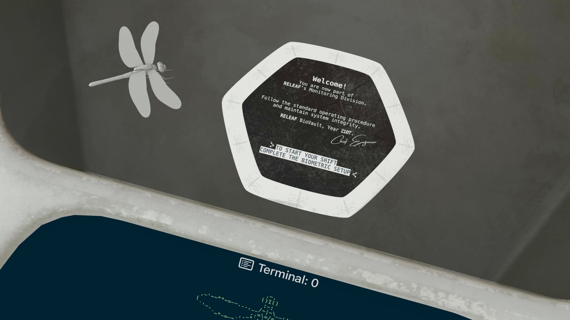 Screenshot from The Green Spurt game featuring the Hexatable, a dragonfly object and a welcome card.