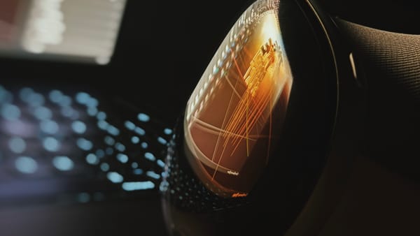 A closeup shot of a reflection on an Apple Vision Pro.