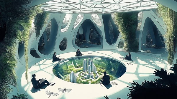 An illustration of a geodesic dome with overgrown plants. A group of people looking at a holographic miniature digital twin.