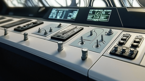 An illustration of a computer interface with buttons, sliders, knobs and screens.