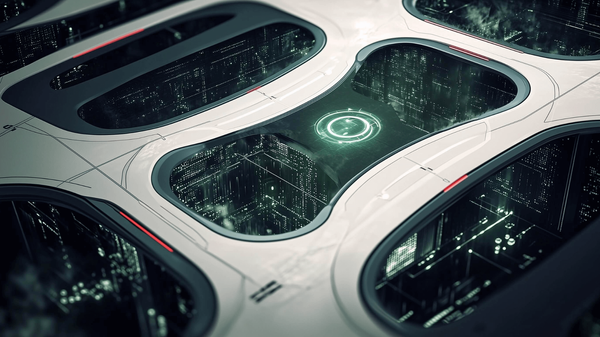 An illustration of a futuristic and holographic computer interface.