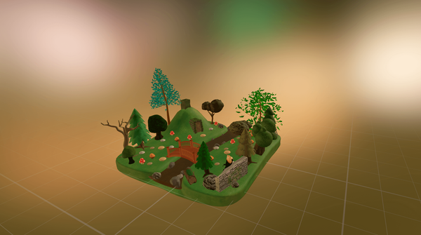 3D model of a park with trees, mushrooms and a bridge over a river.